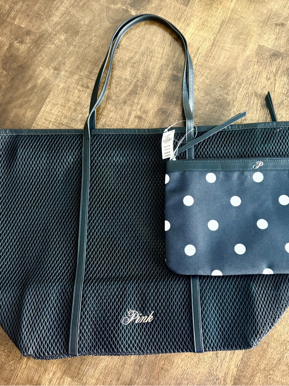 PINK Victoria's Secret Navy Mesh Tote with Polka Dot Pouch